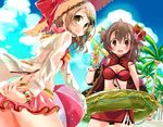  2girls bikini bow breasts brown_hair cleavage hekicha long_hair original red_eyes skirt swim_ring swimsuit tree 