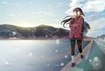  brown_hair clouds conone earmuffs gloves long_hair original pantyhose scarf skirt snow winter 