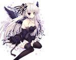  breasts cleavage dress elbow_gloves gray_hair indico_lite long_hair mitha original thighhighs transparent wings 