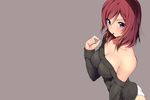  ass breasts cleavage gray love_live!_school_idol_project matarou_(genkai_toppa) nishikino_maki no_bra panties pocky purple_eyes red_hair underwear 