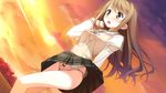  blush brown_eyes brown_hair cloud cloudy_sky dutch_angle game_cg highres ichinose_hotori kantoku long_hair non-web_source open_mouth panties pantyshot pantyshot_(standing) school_uniform skirt sky solo standing underwear wind wind_lift your_diary 