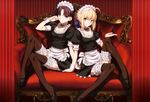  2girls apron black_hair blonde_hair blue_eyes breasts choker cleavage fate/stay_night garter green_eyes headdress jpeg_artifacts maid saber scan takeuchi_takashi thighhighs tohsaka_rin wristwear 