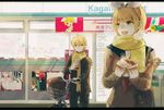  blonde_hair danjou_sora drink food green_eyes hatsune_miku kagamine_len kagamine_rin male mousou_zei_(vocaloid) scarf short_hair snow vocaloid winter 