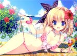  beach bikini blonde_hair blue_eyes breasts cleavage drink flowers nanaroba_hana original panties scan swimsuit underwear undressing 