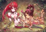  2girls barefoot beancurd brown_hair dark_skin green_eyes jpeg_artifacts league_of_legends long_hair nidalee petals red_hair tail yellow_eyes zyra 