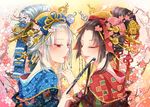  2girls bicolored_eyes brown_hair flowers gray_hair headdress japanese_clothes kimono long_hair nekozuki_yuki original red_eyes 