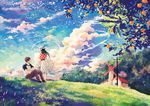  black_hair brown_hair building clouds fruit grass hat leaves long_hair male orange_(fruit) original scenic short_hair skirt sky tree vividyuxi watermark windmill 