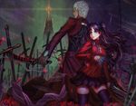  archer black_hair blue_eyes cape edenfox fate/stay_night flowers gray_hair long_hair male necklace petals ribbons rose short_hair signed skirt sword thighhighs tohsaka_rin twintails weapon zettai_ryouiki 