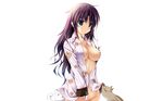  animal blue_eyes blush breasts cleavage kai_yuuki long_hair naked_shirt no_bra open_shirt original photoshop purple_hair shirt white 