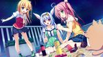  animal_ears blonde_hair blue_eyes drink elise_wallenstein food g.i.b._girls_in_black game_cg green_eyes kurokawa_yukano night otonashi_sorami pink_hair red_eyes skirt stars tenmaso whirlpool white_hair 