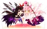  2girls akemi_homura akuma_homura chibi dress headband kaname_madoka long_hair mahou_shoujo_madoka_magica neko_sakana staff thighhighs ultimate_madoka wings 