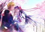  bandage blue_eyes blue_hair cherry_blossoms hyuuga_hinata japanese_clothes long_hair male naruto orange_hair petals short_hair tetta_(tetta03) tree uzumaki_naruto wink 