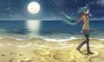  beach boots green_hair hatsune_miku kari_kenji long_hair moon pantyhose scarf seifuku skirt twintails vocaloid water 