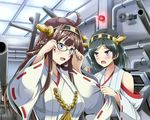  2girls black_hair blue_eyes blush brown_hair glasses headband inoshira kantai_collection kirishima_(kancolle) kongou_(kancolle) long_hair short_hair 