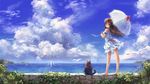  animal barefoot bird boat brown_eyes brown_hair cat clouds dress long_hair miyai_haruki original ribbons signed sky umbrella water 