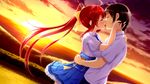  akatsuki_arisa ano_harewataru_sora_yori_takaku chiri_(atlanta) chuablesoft game_cg kiss long_hair ponytail red_hair seifuku sunset 