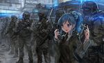  aikatsu! blue_eyes blue_hair goggles gun kiriya_aoi lm7_(op-center) long_hair military ponytail suit tie uniform weapon 
