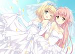  2girls bekotarou blue_eyes bow breasts brown_eyes choker cleavage elbow_gloves gloves headdress long_hair original petals pink_hair shoujo_ai wedding_attire wink 