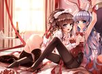  2girls animal_ears ass bed blue_eyes blue_hair blush bondage bow braids breast_grab brown_eyes bunnygirl drink fang flowers furukawa_yui hanamiya_nagisa kestrel long_hair pantyhose ponytail ribbons rose thighhighs ushinawareta_mirai_wo_motomete yuri 