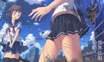  2girls akisorapx blush brown_eyes brown_hair building city clouds original panties seifuku short_hair skirt thighhighs underwear undressing 