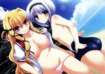  ass beach blonde_hair blue_hair blush breasts nipples no_bra open_shirt panties panty_pull sena_riku shin_genre_esudere!! suzutaka_maria_rose swimsuit topless underwear undressing yukizuki_chikuba 