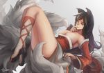  ahri_(league_of_legends) animal_ears breasts cleavage league_of_legends multiple_tails sky_of_morika tail 