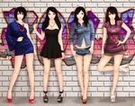  black_hair breasts brown_hair cleavage dress graffiti khalitzburg long_hair necklace short_hair shorts skirt 