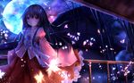  black_hair building fromage_tart houraisan_kaguya japanese_clothes long_hair moon night petals pink_eyes touhou 