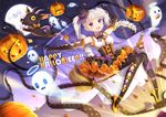  bell bow dress elbow_gloves halloween halo hat long_hair moon original pumpkin purple_eyes ribbons saban thighhighs twintails white_hair witch 