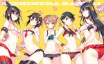  ass bikini black_hair blue_eyes breasts brown_hair fusou_(kancolle) green_eyes kantai_collection long_hair michishio_(kancolle) mogami_(kancolle) navel nishimura_eri red_eyes shigure_(kancolle) short_hair skirt swimsuit thighhighs twintails underboob yamashiro_(kancolle) 