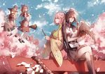  animal bird black_hair blonde_hair bow brown_hair cherry_blossoms clouds feathers flowers group hakurei_reimu hat hieda_no_akyu japanese_clothes kirisame_marisa kneehighs long_hair miko petals purple_hair raito47 shameimaru_aya short_hair skirt sky torii touhou wings witch witch_hat 