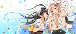  2girls black_hair blue_eyes bow breasts cleavage headdress jpeg_artifacts long_hair murakami_yuichi original petals pink_hair wristwear 