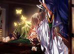  2girls brown_hair butterfly green_hair hug_(yourhug) japanese_clothes kiss mononobe_no_futo shoujo_ai sleeping soga_no_tojiko touhou 