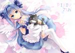  angel animal apron blue_eyes blue_hair bow cat choker dress halo kyuri_(405966795) long_hair original pixiv-tan thighhighs wings 
