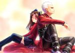  archer black_hair cape dark_skin fate/stay_night long_hair male necklace short_hair skirt thighhighs tohsaka_rin white_hair xiaoyin_li zettai_ryouiki 