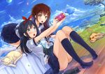  2girls animal bird black_hair blue_eyes blush brown_eyes brown_hair cat clouds game_console kazeno kneehighs long_hair original seifuku skirt tree water 