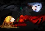  2girls ayanami_rei bba_biao black blonde_hair blue_eyes blue_hair bodysuit eyepatch long_hair neon_genesis_evangelion red_eyes short_hair skintight soryu_asuka_langley 