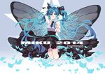  blue_eyes blue_hair butterfly hatsune_miku kurumi_(recycllamo) long_hair panties skirt striped_panties tie twintails underwear vocaloid wings 