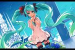  aqua_eyes aqua_hair bow dress flowers haraguroi_you hatsune_miku long_hair ribbons rose thighhighs twintails vocaloid world_is_mine_(vocaloid) wristwear zettai_ryouiki 