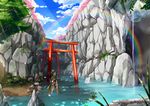  animal_ears cherry_blossoms fuji-k green_hair katana original pink_eyes short_hair sword tail torii tree water weapon 