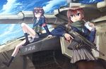  2girls black_hair blue_eyes brown_hair clouds combat_vehicle dreadtie drink glasses gun kneehighs long_hair original pantyhose purple_eyes scarf seifuku skirt weapon 