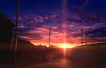  cloud cloudy_sky commentary_request house mks no_humans original outdoors path power_lines purple_sky railing road scenery sky sun sunlight sunset telephone_pole town 