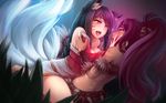  2girls ahri_(league_of_legends) animal_ears breasts cleavage foxgirl league_of_legends long_hair multiple_tails nidalee ponytail ricegnat tail yellow_eyes yuri 