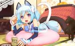  1000-chan animal animal_ears aqua_hair bicolored_eyes blue_hair bow cat catgirl drink fang food fruit koume_keito oizumi pink_eyes purple_eyes skirt tail thighhighs 