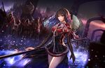  blue_hair brown_hair dress elbow_gloves halo jname long_hair original pointed_ears red_eyes spear weapon wings 