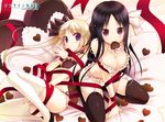  2girls black_hair blonde_hair blush bra breasts chocolate choker cleavage daikanyama_ebisu offline_shoujo original osaki_rikka panties pink_eyes purple_eyes ribbons stockings tagme_(character) thighhighs twintails underwear valentine 