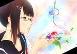  brown_eyes brown_hair flowers glasses leaves oki_(koi0koi) original seifuku short_hair 