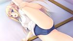  aimai_renai blonde_hair blue_eyes blush cameltoe game_cg long_hair saeki_minami satofuji_masato sport spread_legs 