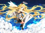  angel animal_ears blonde_hair blue_eyes clouds halo ledogawa long_hair seeu signed skirt stars thighhighs vocaloid wings wristwear 