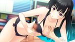  amano_misa black_hair breast_grab breasts censored game_cg handjob hoka_no_onna_no_ko_to_h_wo_shiteiru_ore_wo_mite_koufun_suru_kanojo long_hair nipples penis red_eyes swimsuit yuuki_rika 